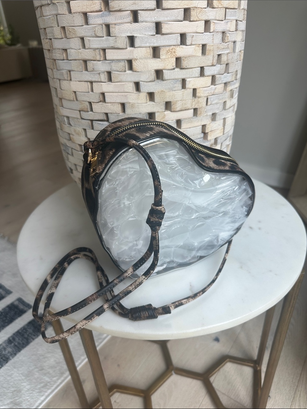 Clear Heart-Shaped Crossbody Bag with Brown leopard Trim - Picture 2 of 8